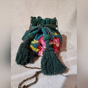 NWT Handmade In India Teal & Pink Floral Patterned Cinch Closure Circular Purse